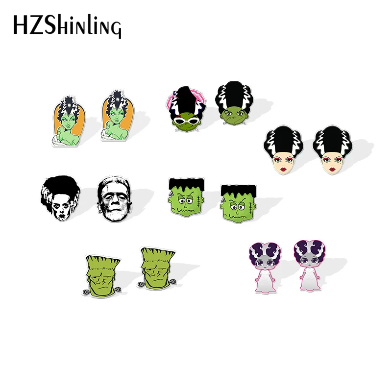 

2019 New Frankenstein Monster Art Resin Earrings Bride Of Frankenstein Shrinky Dinks Earrings Halloween Epoxy Silver Earring