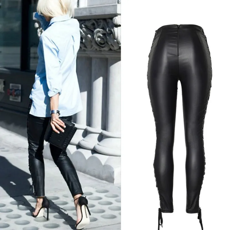Осенние женские брюки из искусственной кожи с высокой талией, черные кожаные брюки-карандаш с эффектом пуш-ап и боковой полосой, обтягивающие джинсы с покрытием в английском стиле