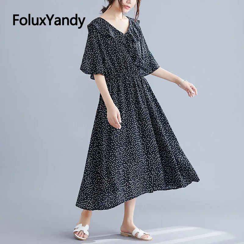 

V-neck Ruffles Dress Women Plus Size Short Sleeve A-line Mid-Calf Dot Sweet Summer Dress Black White Vestidos NQYL134