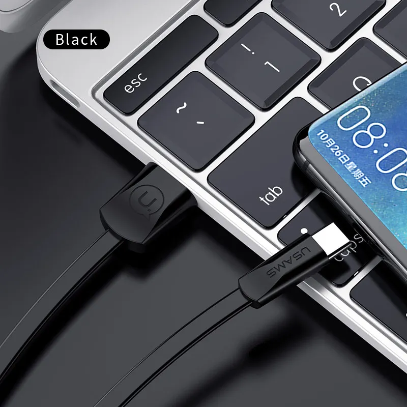 USB C кабель для samsung S8, USAMS usb type c кабель для samsung Note 9 8 S9 Xiaomi 8 USB кабель 2A зарядный кабель для мобильного телефона 2 м 1 м - Цвет: Черный