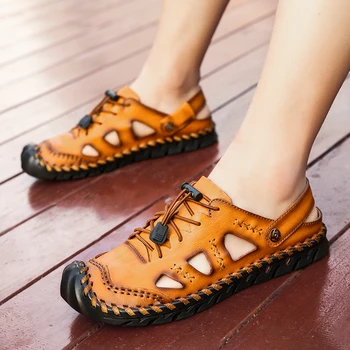 

Outdoor Classic High Quality Cow Leather Sandals Outdoor Handmade Men Sandals Fashion Men Beach Leather Shoes Plus size 38-48 w5