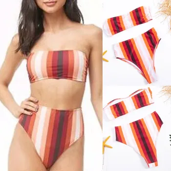 

2020 New Women Split Bandeau Bathing Suit Stripes Printing Underwear Set High Waist Biquini For Lady Push Up pad ropa de playa