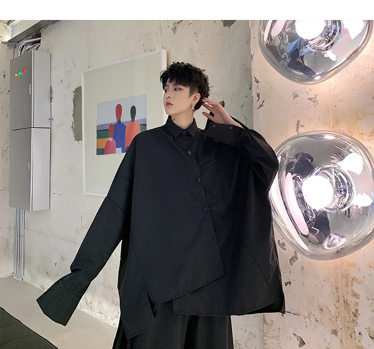 Men Long Sleeve Asymmetric Design Loose Black White Shirt Male Japan Streetwear Hip Hop Gothic Casual Shirts