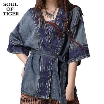 

SOUL OF TIGER 2020 Spring European Fashion Style Ladies Vintage Denim Shirts Womens Embroidery Blouses Tops Streetwear Clothing