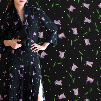 

Red Raspberry 16momme Black Tulip Printed Silk Crepe 100%Silk Materials Spring Women Dress Shirt Skirt Cloth Tailor Freeshipping