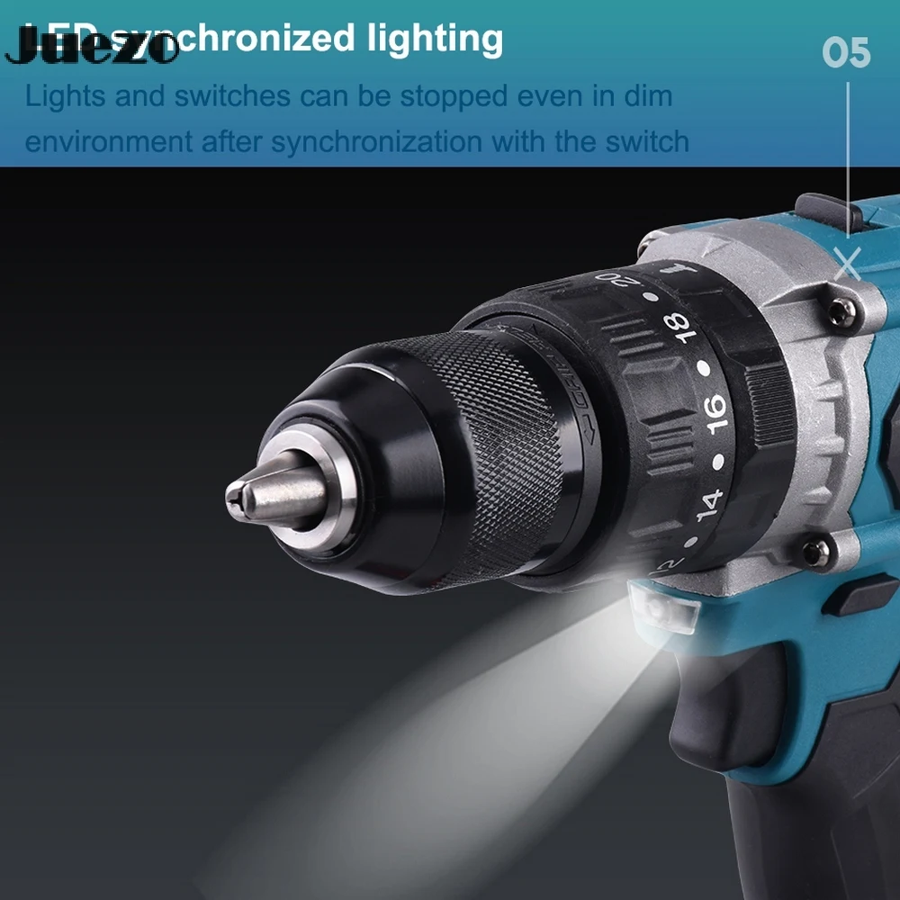 21V Electric Impact Drill High Power Brushless Cordless Power Tool Rechargeable 13mm Drill Driver 23 Modes with Battery Charger