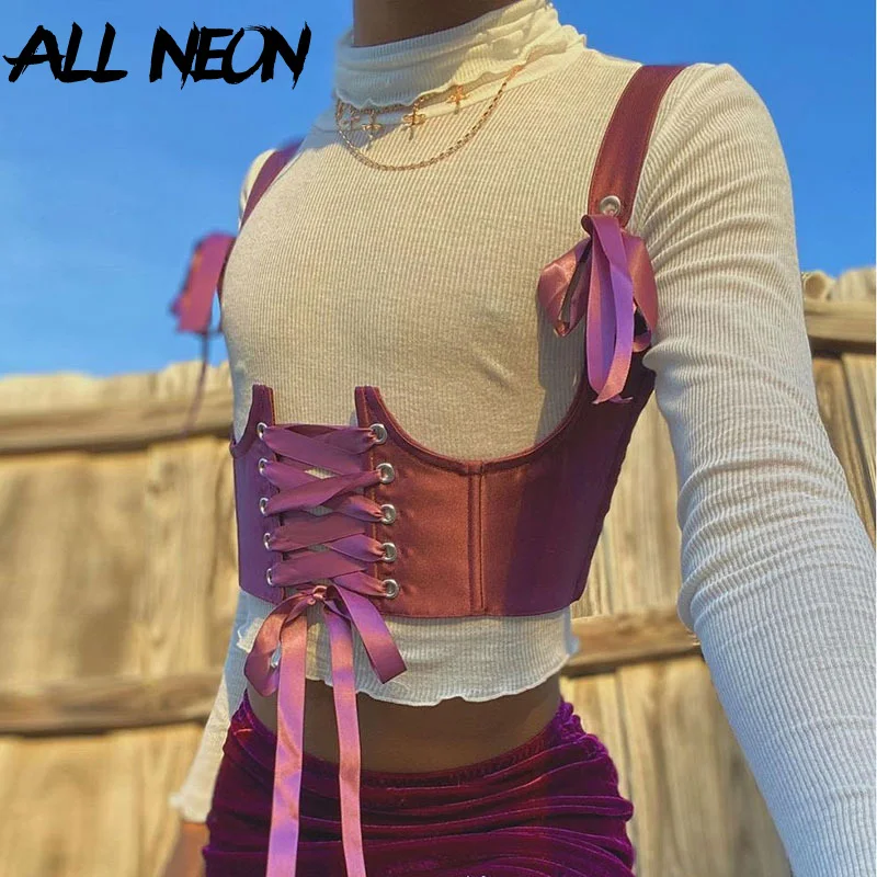 

ALLNeon Harajuku Lace Up Corset Cropped Tops Y2K Aesthetics Purple Bandage Straped Tank Tops E-girl Punk Outfits Streetwear 90s