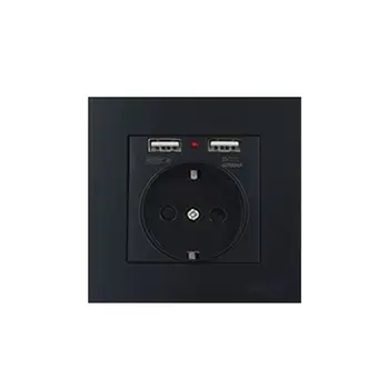 

EU Standard Wall Electrical Power Socket with Dual USB Ports Tempered Glass Panel Outlet Socket 16A