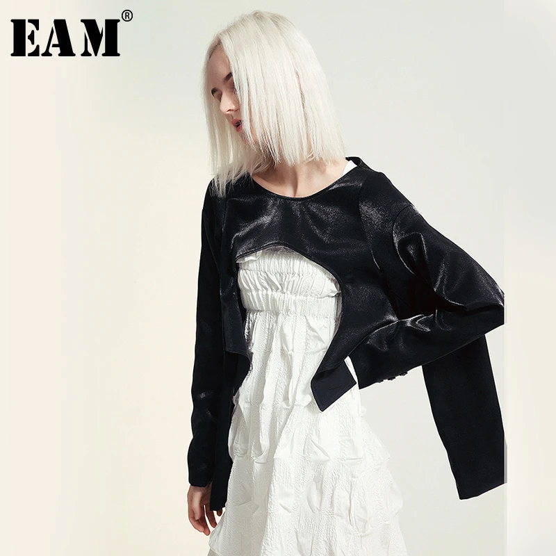 [EAM] Свободная блестящая короткая куртка, новинка, круглый вырез, четыре, длинный рукав, Женское пальто, мода, Осень-зима