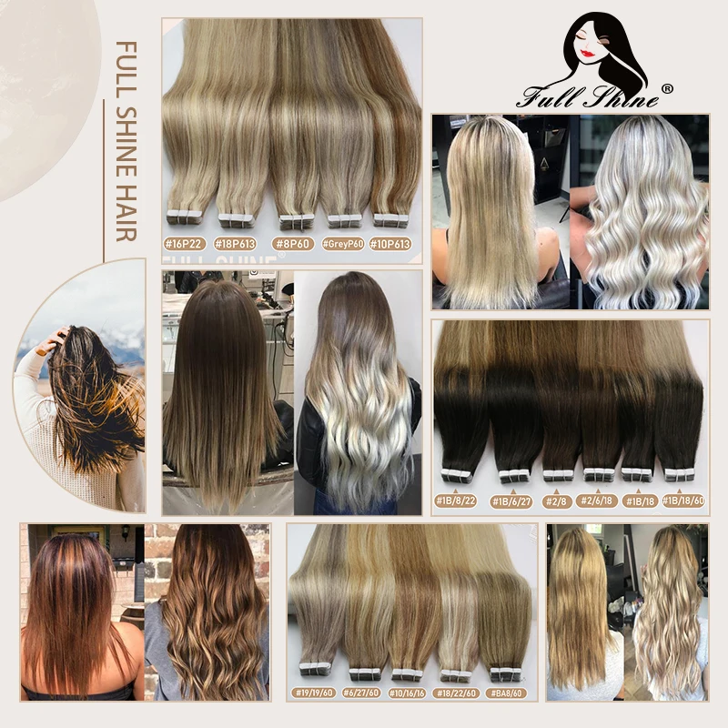 Full Shine Tape In Human Hair Extensions Blonde 100% Real Remy Human Hair Skin Weft Adhesive Glue On For Salon High Quality