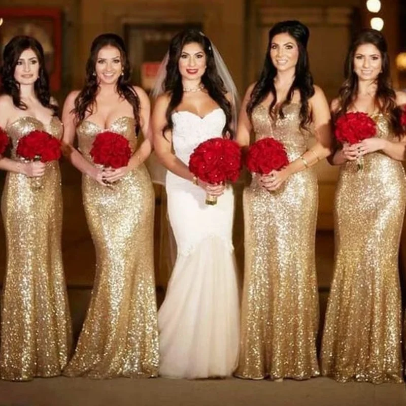 Один элемент золотистого цвета с свадебные платья, расшитые блестками Для женщин Длинные Милая Vestido Madrinha пользовательские Быстрая