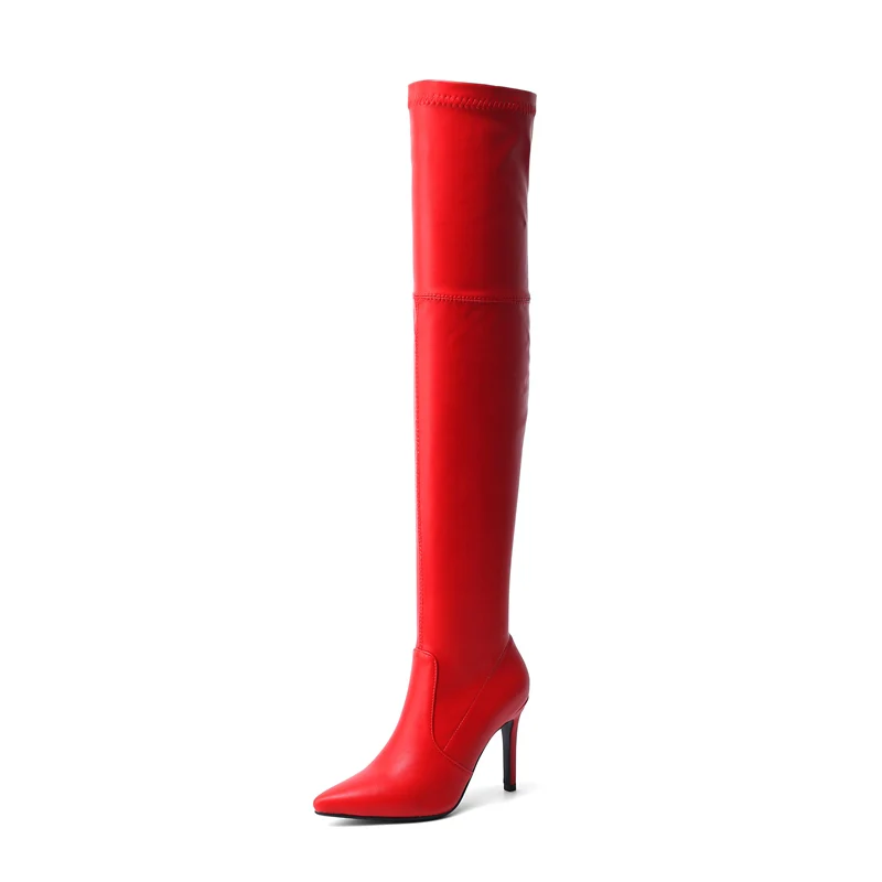 Эластичные замшевые сапоги до бедра; женские пикантные ботфорты на шпильке; высокие сапоги с острым носком на высоком каблуке; женская обувь красного и черного цвета - Цвет: pu red