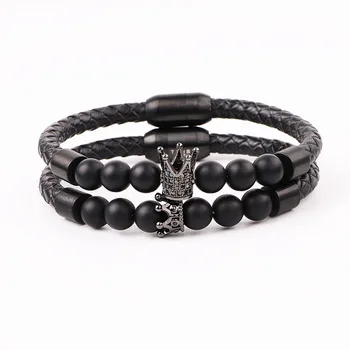 High Quality Punk 316L Stainless Steel CZ Crown Queen Charm Real Genuine Leather Bracelet Men Jewelry Gift