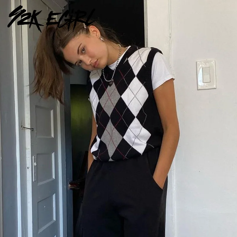 

Y2K EGIRL Vintage Argyle Plaid Knitted Sweater Vests Preppy Style V-neck Sleeveless Tanks School Black Pullovers Baggy Outfits