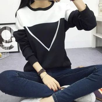 

Black And White Popular Female Spell Color Pullover Women Sweatshirt Hot Sale Hoodies 2020 New V Pattern Winter Patchwork 1PC