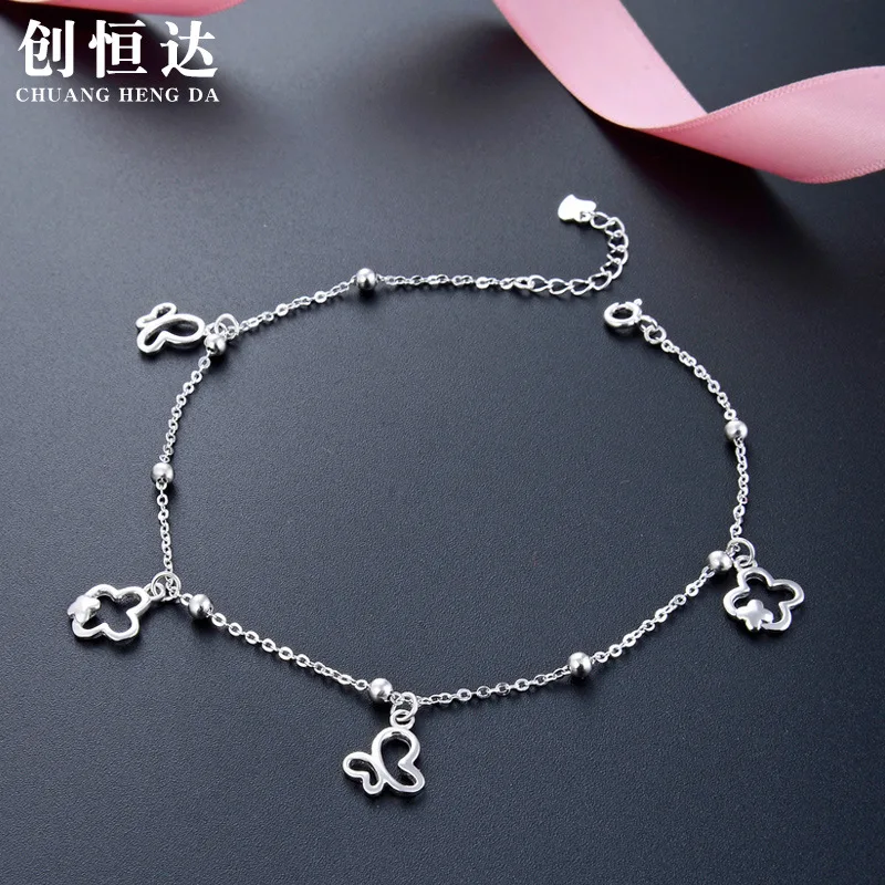 

Hot Selling Explosive Butterfly Clover S925 Fine Silver Anklet Sweet Hipster Simple Versatile jiao shi pin