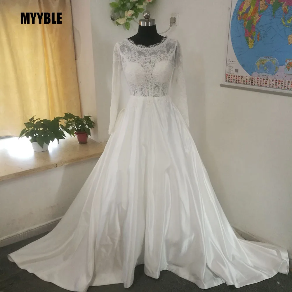 MYYBLE Physical pictures Long Sleeve Stain Wedding Dresses Bride A-Line wedding gown Lace Vestido de Noiva Casamento cheap | Свадьбы и