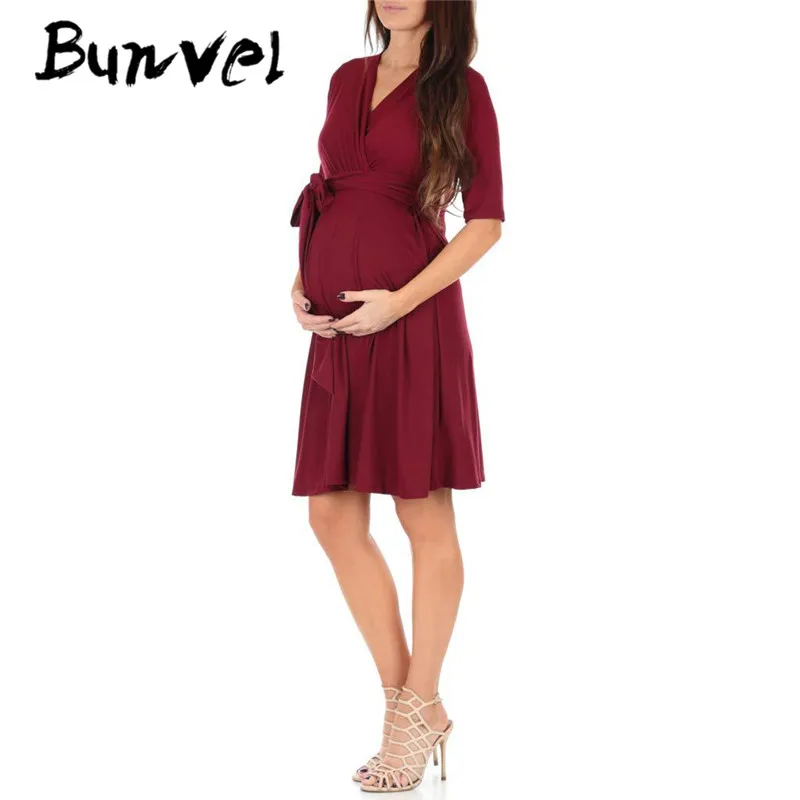 Платье bunvel для беременных с поясом, Повседневная однотонная Одежда для беременных с v-образным вырезом, мини сарафаны для мам, женская одежда размера плюс