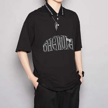 

EWQ / men's wear High Street Fashionable letter printting turn down collar t-shirt male 2020 all-match loose casual tops 9Y2031