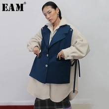 [EAM] свободное синее длинное шерстяное пальто с разрезом большого размера, парка, новинка, длинный рукав, женская мода, Осень-зима, 19A-a407