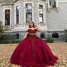 Элегантное бальное платье принцессы Пышное Платье с открытыми плечами и v-образным вырезом 16 вечерние платья с кружевной аппликацией бордового цвета вечерние платья