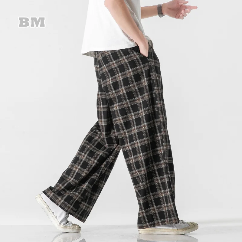 

Spring Summer Loose Plus Size Wide Leg Plaid Pants Chinese Style Tai Chi Kung Fu Straight Casual Trousers Harajuku Thin Clothes