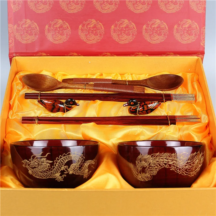 

[A Generation of Fat] Multi-Series Top Grade Wooden Tableware Gift Set Dragon & Phoenix Wedding Bowls And Chopsticks Gift