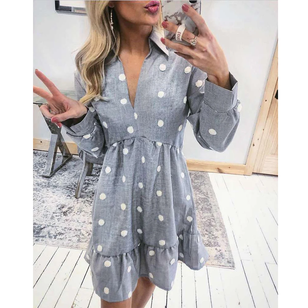 Новое Короткое женское платье Vestido с рюшами и принтом в горошек, сексуальное пляжное платье с запахом, винтажное летнее праздничное платье с длинным рукавом