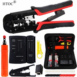 Htoc rj45 kit de ferramentas crimper cat5 cat6 crimpagem ferramenta cabo rede testador rj45 conectores fio stripper soco para baixo ferramenta impacto