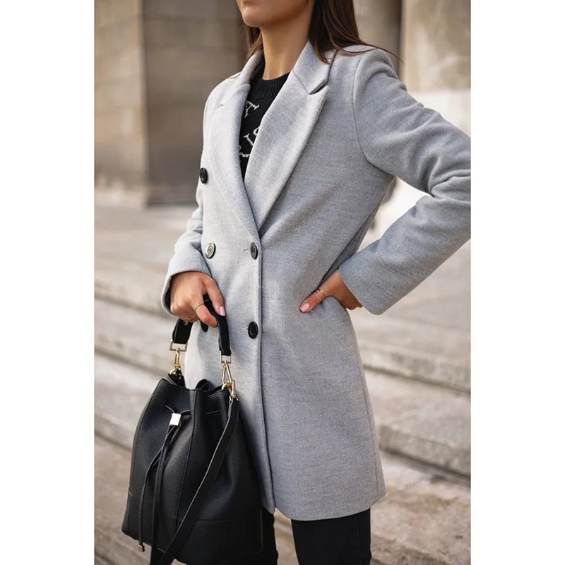 Женское осенне-зимнее одноцветное двубортное шерстяное пальто на пуговицах с длинным рукавом, Женская Повседневная Большие размеры, S-3XL верхняя одежда SJ4675M