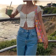 

Sexy Square Neck Floral Print Corset Cropped Top Puff Sleeve Short Sleeve Lace Tight Slim Streetwear Ladies Summer T-Shirt Tops