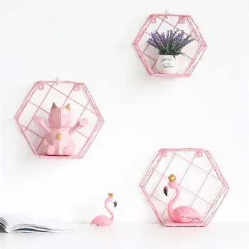 

Nordic Wall Mounted Basket Hexagon Pink Metal Storage Basket with Wooden Bottom Chic Hanging Shelf Girl Bedroom Decor Basket