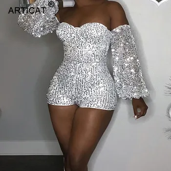 

Articat Off Shoulder Sequined Sexy Women Jumpsuit Lantern Sleeve Backless Bodycon Playsuit Silver Slim Nightclub Party Overalls