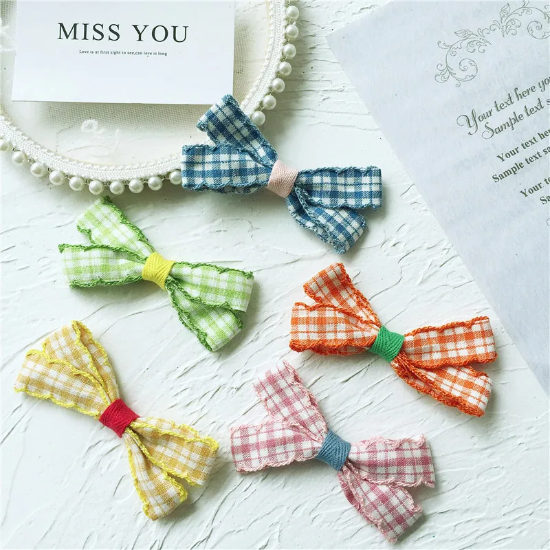 15pcs/lot 7.5*3cm DIY handmade plaid art bowknot ribbon Appliques For clothes Children's hair Clip Hat crafts patches | Дом и сад