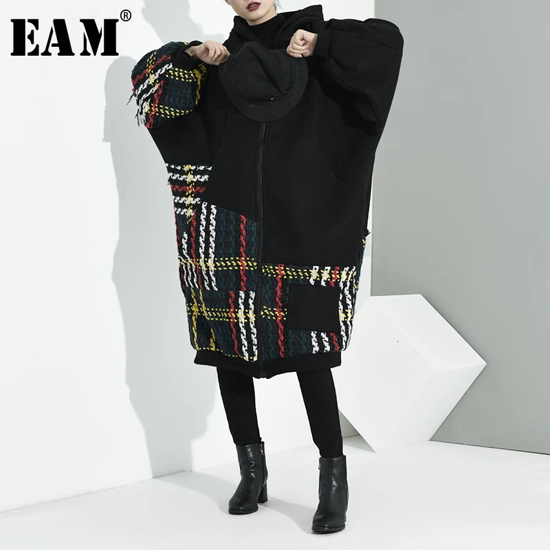 [EAM] Свободная черная клетчатая куртка большого размера, Новое Женское пальто с капюшоном и длинным рукавом, модное осенне-зимнее пальто A713-01