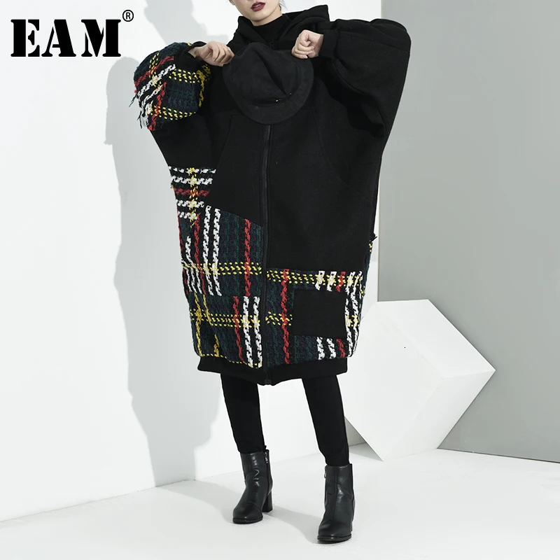 

[EAM] Loose Fit Black Plaid Split Big Size Jacket New Hooded Long Sleeve Women Coat Fashion Tide Autumn Winter 2020 A713-01