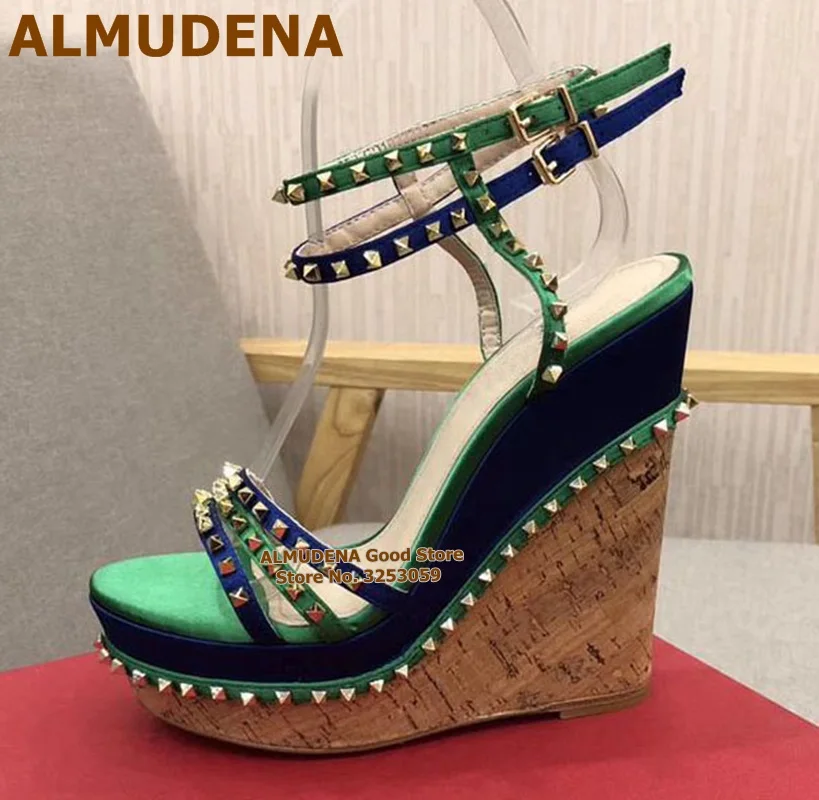 

ALMUDENA Wood Wedge Heels Sandals Platform Gold Rivets Dress Pumps Women Strappy Pyramid Studded Gladiator Shoes Size43 Dropship