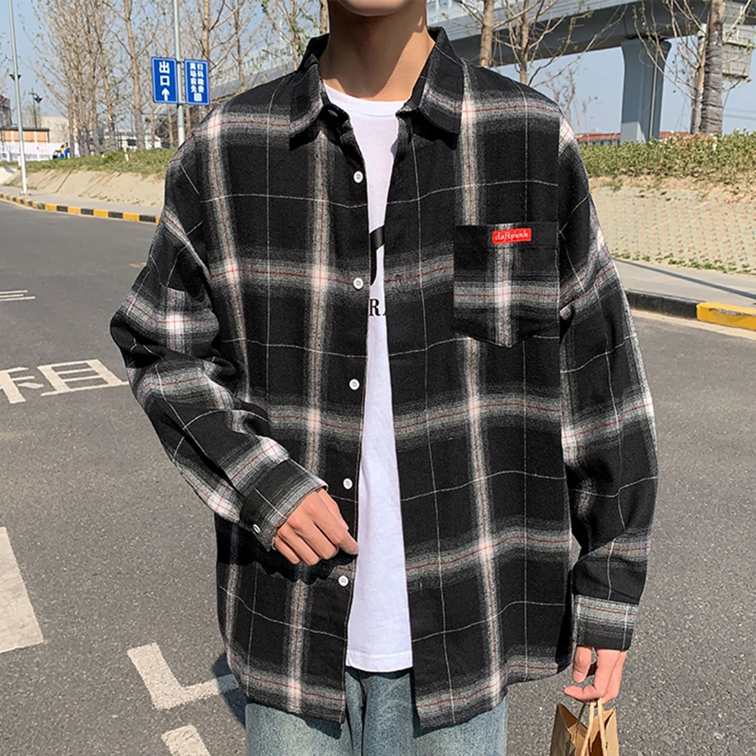 Camisa de manga larga a cuadros para hombre, ropa informal a la moda, holgada, camisa con botones, ropa de calle con solapa de hip hop, 2021