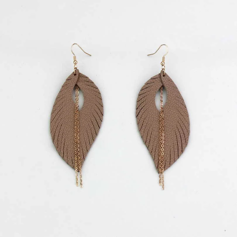 

Exaggerate Big Genuine Leather Leaf Gold Link Chain Tassel Drop Earrings For Women Fringed Feather Earrings Jewelry