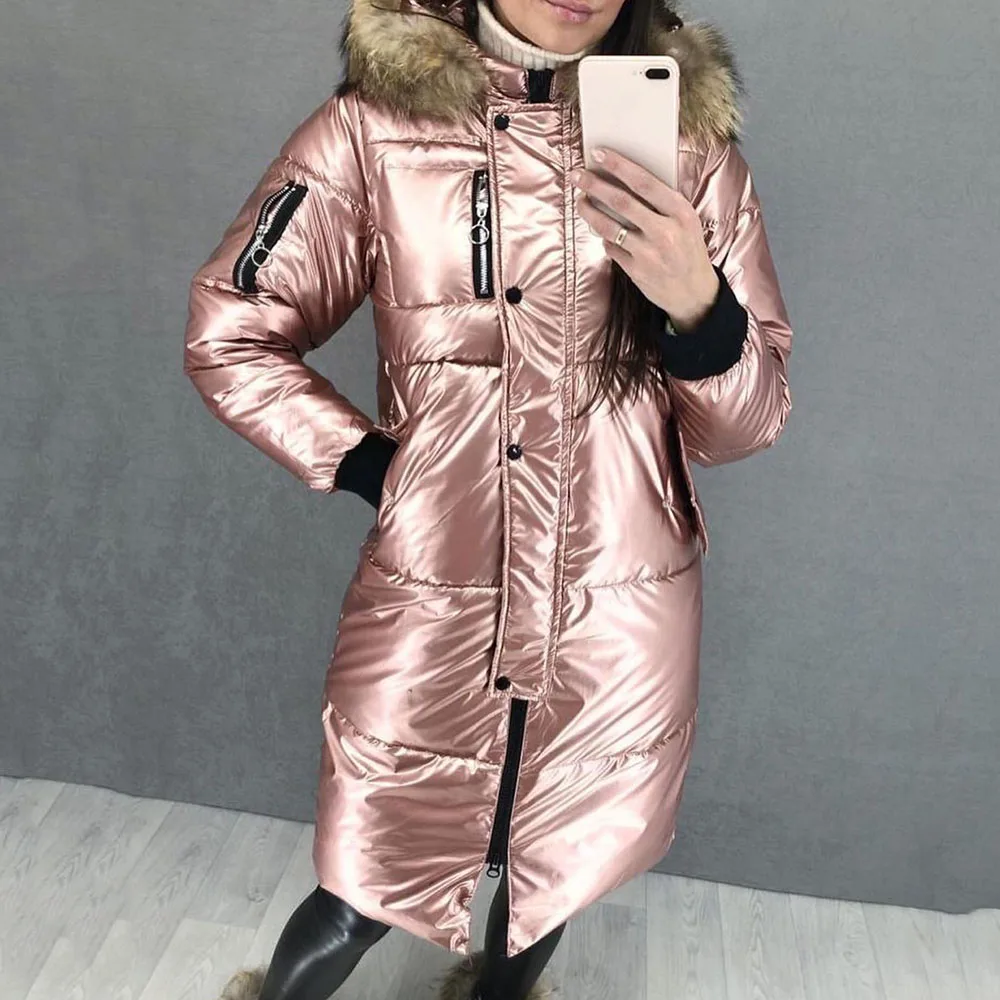 

Bright Pink Down Jacket Women Winter Faux Fur Hooded Padded Jackets Oversize Overcoat Warmness Zipper Fashion Women's Clothes