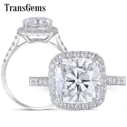 TransGems центр 3ct Moissanite Halo обручение кольцо 10 к белого золота 8,5 мм подушки Cut Moissanite ювелирные украшения для женщин Свадебные