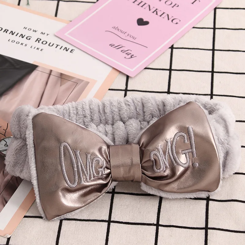 gray PU hairband Лидер продаж, женские повязки на голову omg, повязка для макияжа, эластичная бархатная повязка на голову с бантом, коралловый флис, модные аксессуары для волос для девушек - Цвет: gray PU hairband