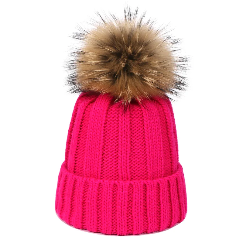 Women Autumn Winter Beanie Cap Female Acrylic Wool Hats With Real Fur Pompon Knit Windproof Outdoor Warm Fluorescent Beanie Hat - Цвет: C