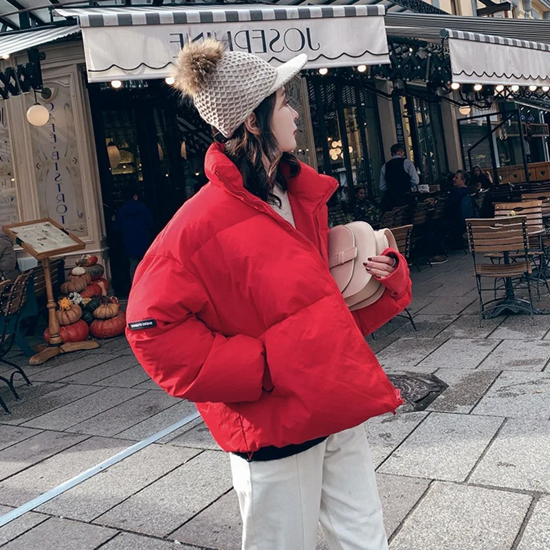 

2019 Chic Korean-style Red Short down Coat Loose-Fit Stand Collar Short-height Thick Cotton Overcoat Women's Winter Students