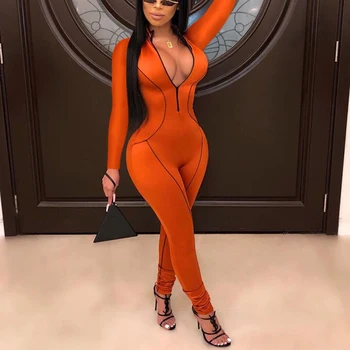 

High Waisted Zipper Sports Jumpsuit Autumn Winter Deep V Neck Long Sleeve Patchwork Bodycon Jumpsuit Combinaison Pantalon Femme