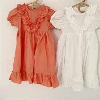 

Little Girls Puff Sleeve Dress 2 Colors Cotton Dresses for Kids Baby Summer Korean Girls Pleated Ruffled Dress Toddler Clothes