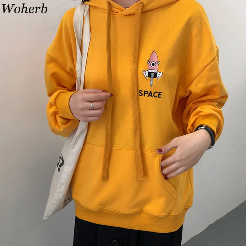 Woherb/Корейский модный свитшот с буквенным принтом и вышивкой, женские свитшоты с капюшоном, повседневные милые топы, верхняя одежда, Новинка осени 90978