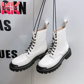 

KemeKiss New Women Ankle Boots Lace Up Genuine Leather Short Boots Women Fashion Cool Thick Bottom Boots Woman Size 33-40