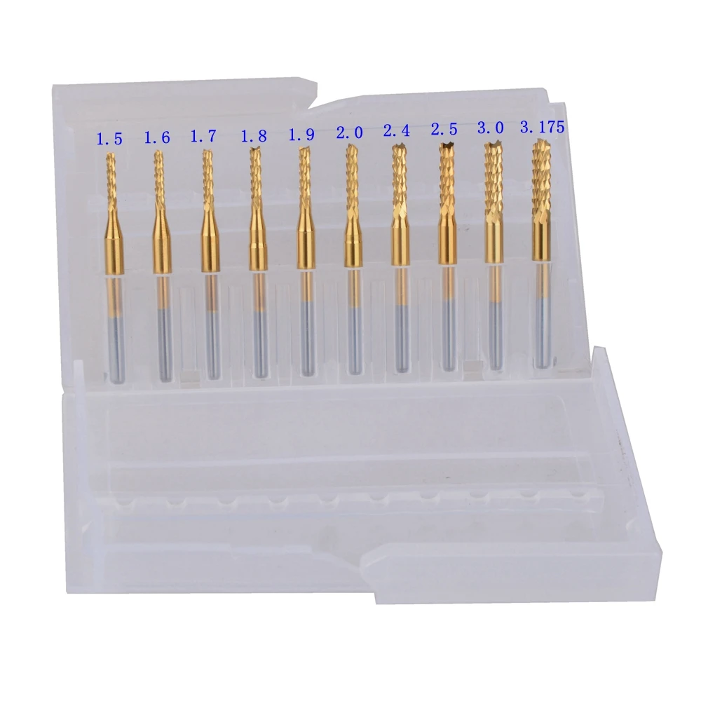 

10pcs Titanium Coat Carbide 1.5-3.175mm PCB Carbide Tools, Cutting Bits, Millinging Cutters Kit for Engraving Milling Machine