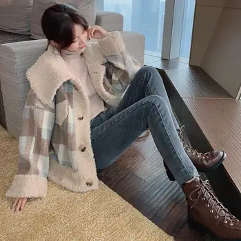 

Winter Thick Vintage Brown Plaid Jacket Pockets Women Turn-Down Collar Single Breasted Lambswool Coat Loose Woolen Outwear